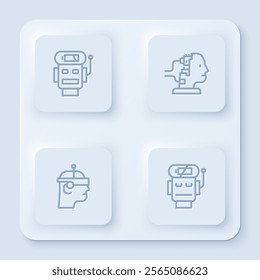 Set line Robot low battery charge, for maintenance, Smart glasses and . White square button. Vector
