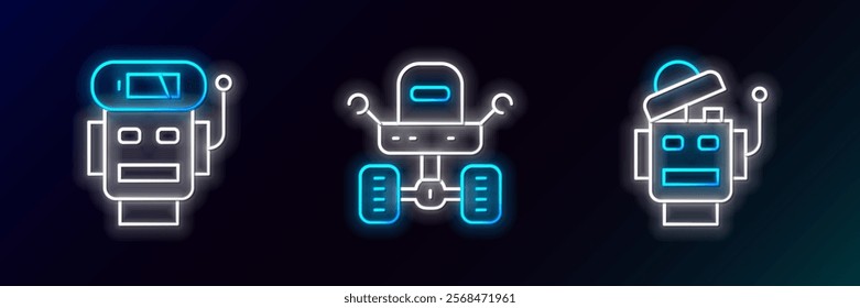 Set line Robot, low battery charge and Mars rover icon. Glowing neon. Vector