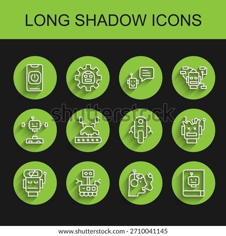 Set line Robot low battery charge, Turn off robot from phone, charging, User manual, Robotic arm factory, Broken and  icon. Vector