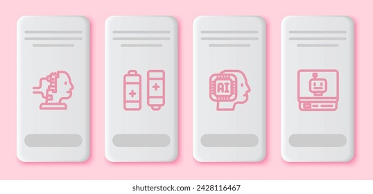 Set line Robot for maintenance, Battery, Humanoid robot and . White rectangle button. Vector