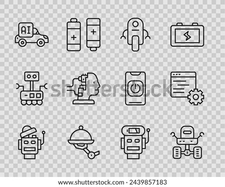 Set line Robot, Mars rover, Waiter robot, Autonomous smart car, for maintenance, low battery charge and Computer api interface icon. Vector