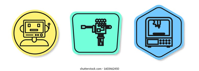 Set line Robot, Mechanical robot hand and screwdriver and 3D printer. Colored shapes. Vector