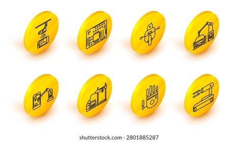 Set line Robot, Mechanical robot hand, 3D printer, Industrial machine robotic arm, Printed circuit board PCB and Wireless Controlling CCTV security camera icon. Vector