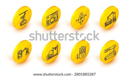 Set line Robot, Mechanical robot hand, 3D printer, Industrial machine robotic arm, Printed circuit board PCB and Wireless Controlling CCTV security camera icon. Vector