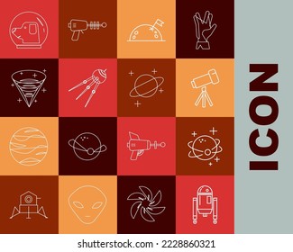 Set Line Robot, Planet, Teleskop, mit Fahne, Satellit, Schwarzes Loch, Hund im Astronautenhelm und Icon. Vektorgrafik