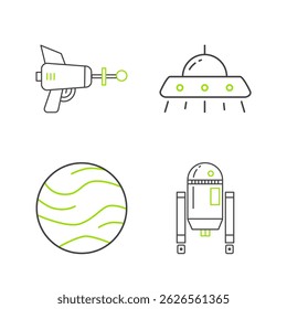 Establecer línea Robot, Planeta, nave espacial voladora OVNI e icono de pistola Ray. Vector