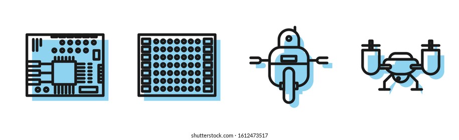 Set line Robot, Printed circuit board PCB, Printed circuit board PCB and Drone flying with action camera icon. Vector