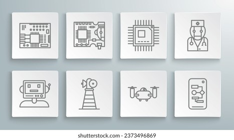 Set line Robot, Printed circuit board PCB, Antenna, Drone flying with action camera, Algorithm, Processor microcircuits CPU, doctor and  icon. Vector