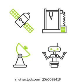 Set line Robot, Radar, 3D printer and Satellite icon. Vector