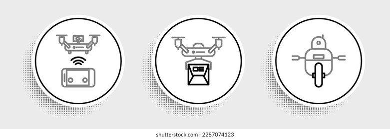 Set Line Robot, Remote-Lufttrommel und Drone Lieferkonzept Icon. Vektorgrafik