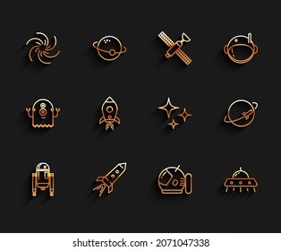 Set line Robot, Rocket ship with fire, Black hole, Astronaut helmet, UFO flying spaceship, Planet and Falling star icon. Vector