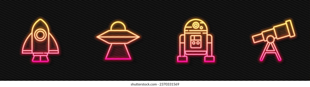 Set line Robot, Rocket ship, UFO flying spaceship and Telescope. Glowing neon icon. Vector