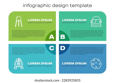 Set line Robot, Satellite, Asteroid and Astronaut helmet. Business infographic template. Vector