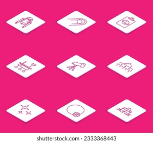 Set line Robot, Satellite, Planet, Mars rover, Telescope, UFO flying spaceship, Falling star and  icon. Vector