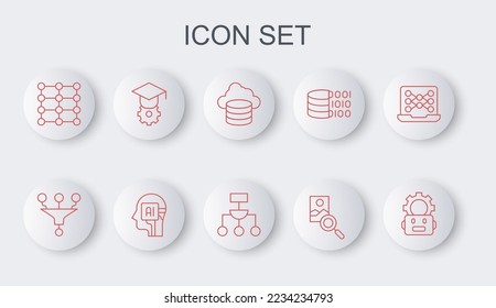 Set line Robot setting, Funnel or filter, Cloud database, Photo retouching, Neural network, Graduation cap, Humanoid robot and Algorithm icon. Vector