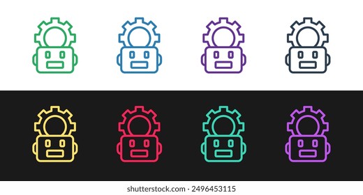 Set line Robot setting icon isolated on black and white background. Artificial intelligence, machine learning, cloud computing.  Vector