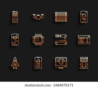 Set line Robot, Smart home, Remote control, Bot, Processor with microcircuits CPU, Software, web developer programming code and  icon. Vector