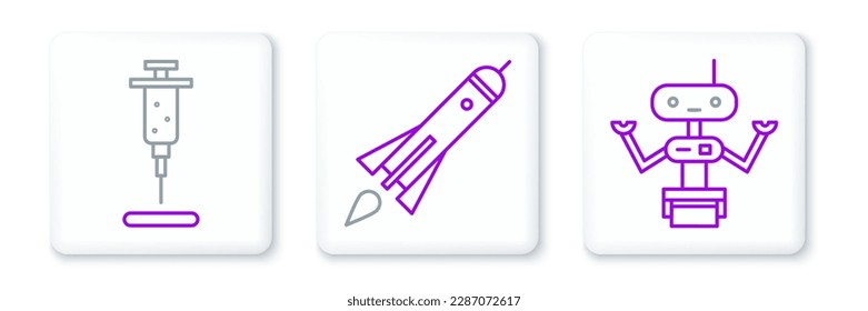 Set line Robot, Syringe and Rocket ship with fire icon. Vector