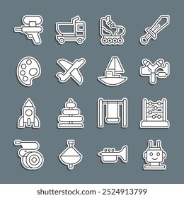 Set line Robot toy, Abacus, Slingshot, Roller skate, Toy plane, Palette, Water gun and boat icon. Vector