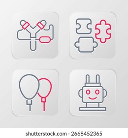 Definir linha Robô brinquedo, balões, peças de quebra-cabeça e ícone Slingshot. Vetor
