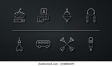 Fijar la línea de juguete Robot, flecha Dart, cuerda de salto, flecha con punta de sucker, bus, bloques ABC, lápiz de marcador e icono de remolque. Vector
