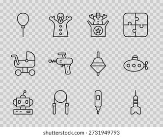 Set line Robot de juguete, flecha de dardo, Jack en la caja, cuerda de salto, globos con cinta, pistola de rayos, rotulador e icono de submarino. Vector