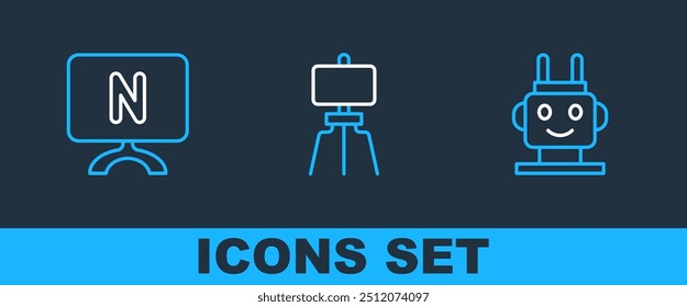 Set línea de juguete de robot, Smart Tv y el icono de caballete de madera. Vector