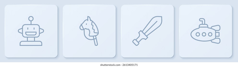 Set line Robot toy, Sword, Toy horse and Submarine. White square button. Vector