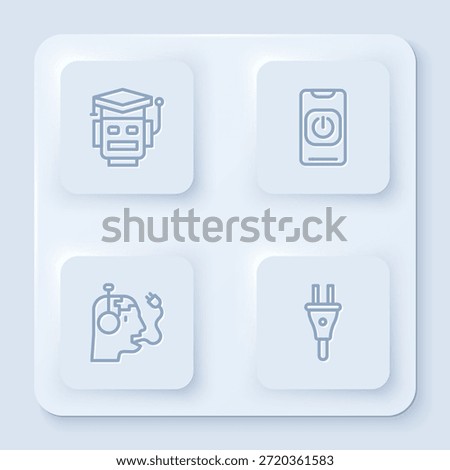 Set line Robot, Turn off robot from phone, charging battery and Electric plug. White square button. Vector