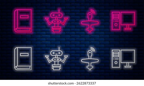 Set line Robot, UAV Drone, User manual and Computer monitor. Glowing neon icon on brick wall. Vector