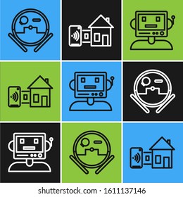 Set line Robot vacuum cleaner, Robot and Smart home icon. Vector