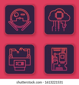 Set line Robot vacuum cleaner, Assembly line, Internet of things and Electronic computer components motherboard digital chip. Blue square button. Vector