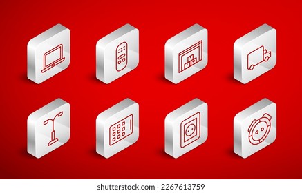 Fijar línea aspiradora Robot, control remoto, almacén, camión de carga de entrega, toma eléctrica, portátil, tablet gráfica e icono de luz de calle. Vector