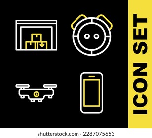 Set line Robot vacuum cleaner, Smartphone, Drone flying and Warehouse icon. Vector