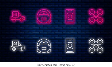 Set line Robot vacuum cleaner, Turn off robot from phone, Autonomous smart car and Drone. Glowing neon icon on brick wall. Vector