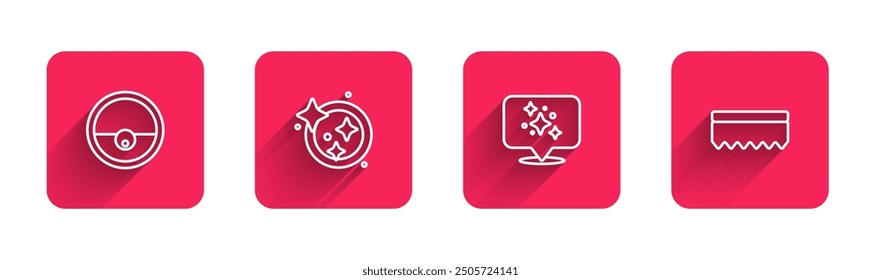 Set line Robot vacuum cleaner, Washing dishes, Home cleaning service and Sponge with long shadow. Red square button. Vector