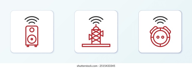 Set line Robot vacuum cleaner, Smart stereo speaker and Wireless antenna icon. Vector