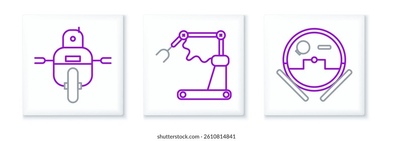 Set line Robot vacuum cleaner,  and Industrial machine robotic robot arm hand factory icon. Vector