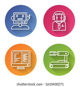Set line Robot, Worker robot, Computer monitor screen and Robot. Color circle button. Vector
