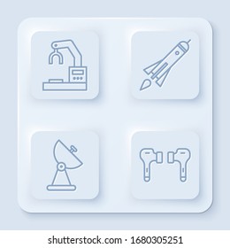 Set line Robotic robot arm hand factory, Rocket ship with fire, Radar and Air headphones. White square button. Vector