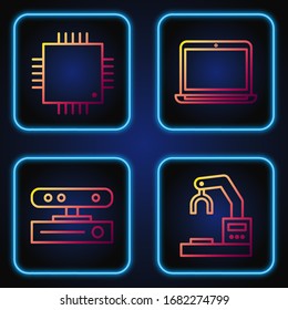 Fije línea Robótico robot fábrica manual, sensor de movimiento, procesador con microcircuitos CPU y portátil. Iconos de color degradado. Vector