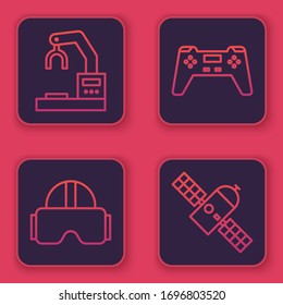 Set line Robotic robot arm hand factory, Virtual reality glasses, Gamepad and Satellite. Blue square button. Vector