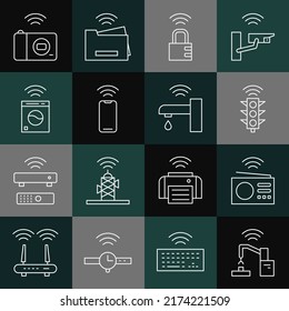 Set line Robotic robot arm hand factory, Smart radio, traffic light, safe combination lock, Wireless smartphone, washer, photo camera and water tap icon. Vector