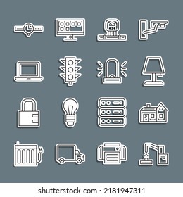 Set line Robotic robot arm hand factory, House, Table lamp, Smart sensor, Traffic light, Laptop, Wrist watch and Flasher siren icon. Vector