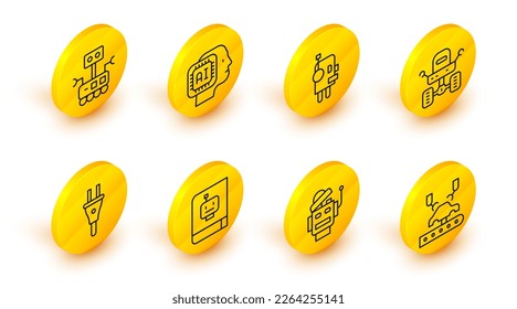 Set line Robotic robot arm on factory, User manual, Electric plug, Mars rover, Humanoid and  icon. Vector