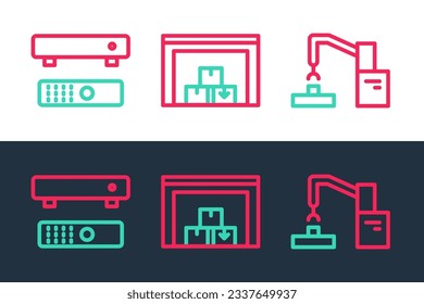 Set line Robotic robot arm hand factory, Multimedia TV box and Warehouse icon. Vector