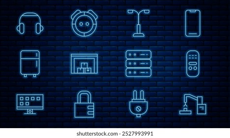 Set line Robotic robot brazo mano fábrica, control remoto, farola, almacén, refrigerador, auriculares, servidor, datos, alojamiento de Web y aspiradora icono. Vector