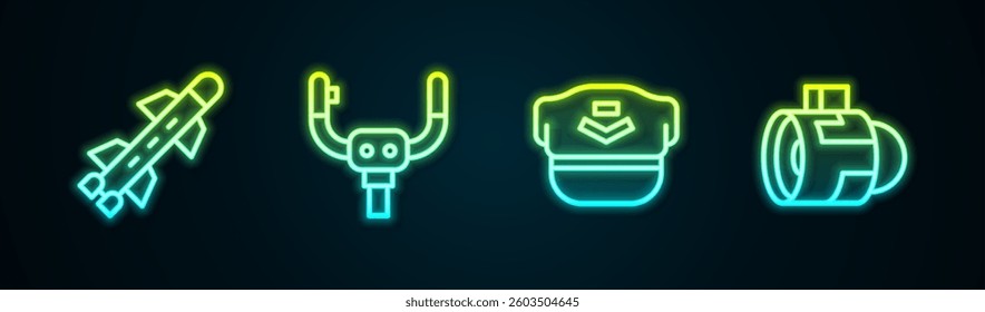 Set line Rocket, Aircraft steering helm, Pilot hat and Jet engine turbine. Glowing neon icon. Vector