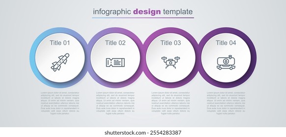 Set line Rocket, Airline ticket, Drone flying and Fuel tanker truck. Business infographic template. Vector