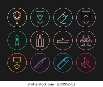 Set line Rocket, Biohazard symbol, Military dog tags, Bullet, rocket, Parachute, Submarine and Chevron icon. Vector